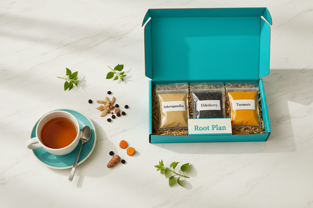 Root Plan lifestyle image with EarthRx wellness box, ashwagandha, elderberry and turmeric